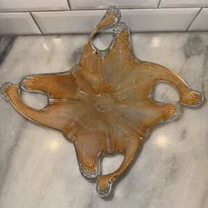 Murano Style Art Glass Stretched Lace Dish Amber Champagne Color 12in‎ GW004